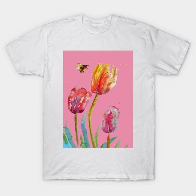 Tulip Flower Watercolor Painting and Bee on Pink T-Shirt by SarahRajkotwala